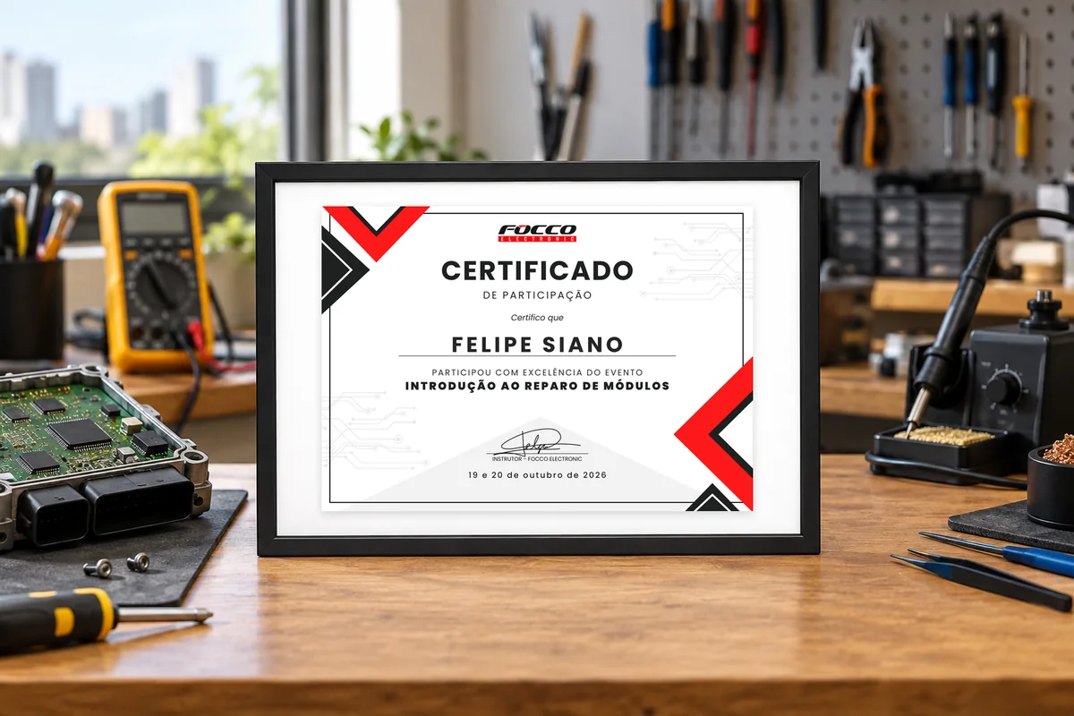 Certificado de participação da Focco Electronic, evento Introdução ao Reparo de Módulos, 19 e 20 de outubro de 2026, com o nome Felipe Siano como exemplo, numa moldura sobre a bancada