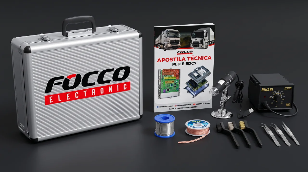 Maleta de alumínio da Focco com os itens do sorteio: estação de solda, microscópio digital, apostila técnica, estanho, malha dessoldadora, escovas e pinças