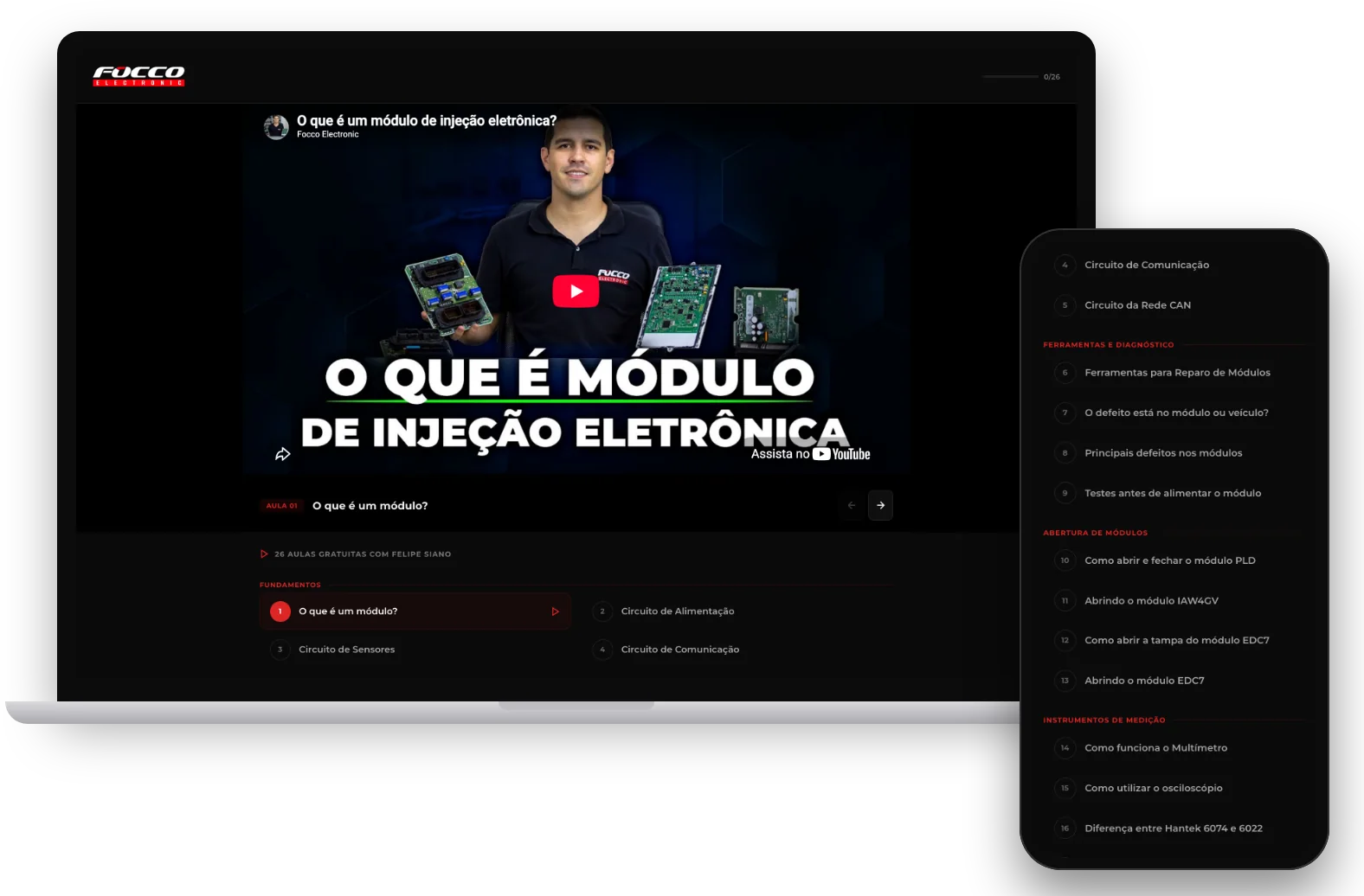 Página da playlist com as 26 aulas gratuitas da Focco, aberta no computador e no celular
